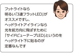 フットライトなら明るい「3連フラットLED」がオススメですし、ヘッドライトアイラインなら
	光を前方向に飛ばすために「サイドビューテープLED」というのをヘッドライト下に貼るのが定番なんです