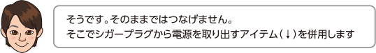 そうです。そのままではつなげません。そこでシガープラグから電源を取り出すアイテム（↓）を併用します