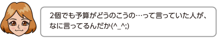 2個でも予算がどうのこうの…って言っていた人が、なに言ってるんだか(^_^;)