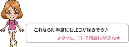 これなら助手席にもLEDが届きそう♪よかった。コレで問題は解決ね★