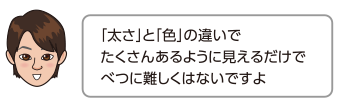 「太さ」と「色」の違いで
	たくさんあるように見えるだけでべつに難しくはないですよ