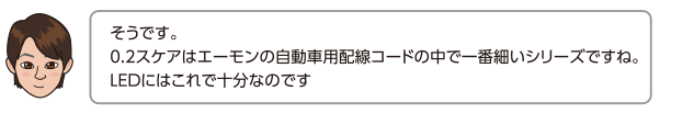 そうです。0.2スケアはエーモンの自動車用配線コードの中で一番細いシリーズですね。LEDにはこれで十分なのです