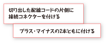 切り出した配線コードの片側に接続コネクターを付ける。プラス・マイナスの2本ともに付ける。