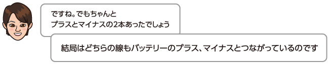 結局はどちらの線もバッテリーのプラス、マイナスとつながっているのです