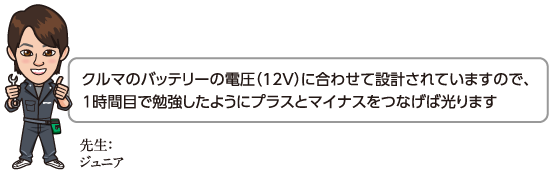 クルマのバッテリーの電圧（12V）に合わせて設計されていますので、1時間目で勉強したようにプラスとマイナスをつなげば光ります