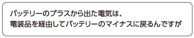 バッテリーのプラスから出た電気は、電装品を経由してバッテリーのマイナスに戻るんですが