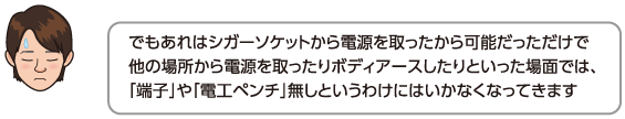 でもあれはシガーソケットから電源を取ったから可能だっただけで他の場所から電源を取ったりボディアースしたりといった場面では、「端子」や「電工ペンチ」無しというわけにはいかなくなってきます