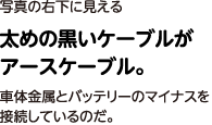 太めの黒いケーブルがアースケーブル。車体金属とバッテリーのマイナスを接続しているのだ。