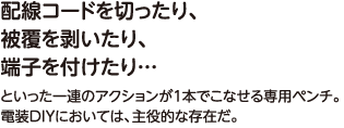 配線コードを切ったり、被覆を剥いたり、端子を付けたり…といった一連のアクションが１本でこなせる専用ペンチ。電装DIYにおいては、主役的な存在だ。