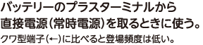 バッテリーのプラスターミナルから直接電源（常時電源）を取るときに使う。クワ型端子（←）に比べると登場頻度は低い。