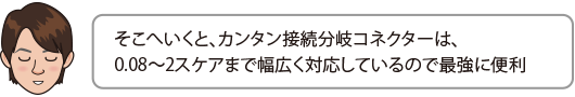 そこへいくと、カンタン接続分岐コネクターは、0.08〜2スケアまで幅広く対応しているので最強に便利