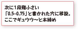 次に１段階小さい「0.5-0.75」と書かれた穴に移設。ここでギュウウ〜と本締め