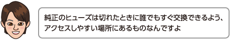 純正のヒューズは切れたときに誰でもすぐ交換できるよう、アクセスしやすい場所にあるものなんですよ