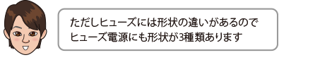 ただしヒューズには形状の違いがあるのでヒューズ電源にも形状が3種類あります