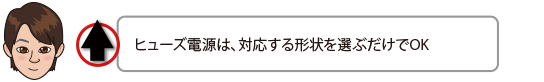 ヒューズ電源は、対応する形状を選ぶだけでOK