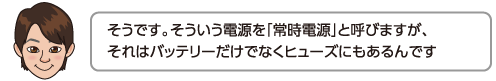 そうです。そういう電源を「常時電源」と呼びますが、それはバッテリーだけでなくヒューズにもあるんです