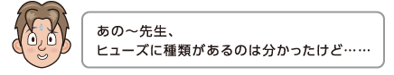 あの〜先生、ヒューズに種類があるのは分かったけど……