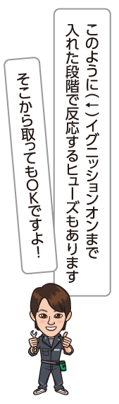 このように（↓）イグニッションオンまで入れた段階で反応するヒューズもあります。そこから取ってもＯＫですよ！