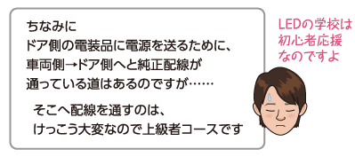 ちなみにドア側の電装品に電源を送るために、車両側→ドア側へと純正配線が通っている道はあるのですが……そこへ配線を通すのは、けっこう大変なので上級者コースです