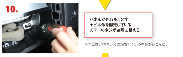 パネルが外れたことでナビ本体を固定しているステーのネジが四隅に見える