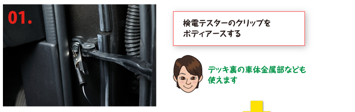 検電テスターのクリップをボディアースする