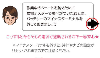 作業中のショートを防ぐために検電テスターで調べがついたあとは、バッテリーのマイナスターミナルを外しておきましょう