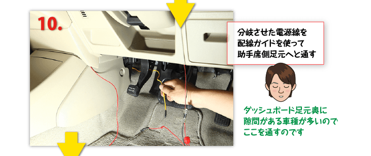 １０、分岐させた電源線を配線ガイドを使って助手席側足元へと通す。ダッシュボード足元奥に隙間がある車種が多いのでここを通すのです