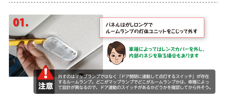 パネルはがしロングでルームランプの灯体ユニットをこじって外す