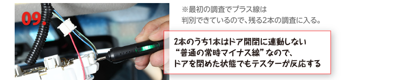 2本のうち1本はドア開閉に連動しない“普通の常時マイナス線”なので、ドアを閉めた状態でもテスターが反応する