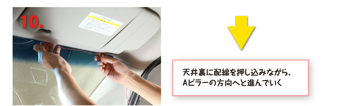 天井裏に配線を押し込みながら、Aピラーの方向へと進んでいく