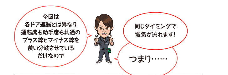 今回は各ドア連動とは異なり運転席も助手席も共通のプラス線とマイナス線を使い分岐させているだけなので同じタイミングで電気が流れます！