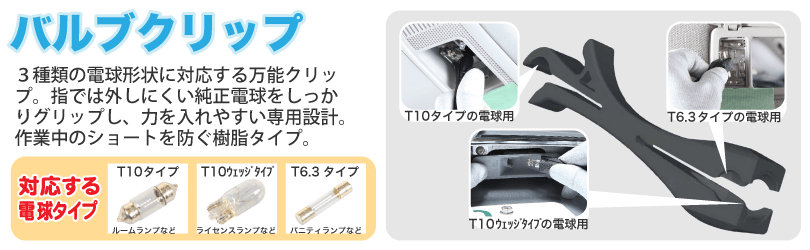 ３種類の電球形状に対応する万能クリップ。指では外しにくい純正電球をしっかりグリップし、力を入れやすい専用設計。作業中のショートを防ぐ樹脂タイプ。
