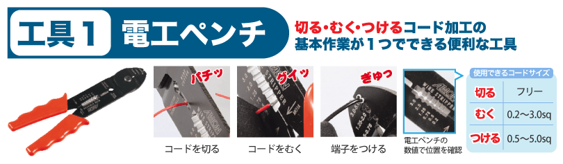 電工ペンチ コード加工の基本作業が１つでできる便利な工具
